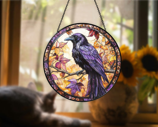 Black Raven on Branch Stained Glass Suncatcher - Made in USA